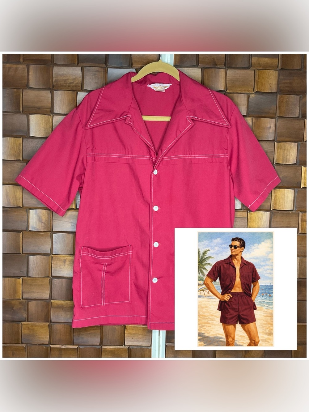 VTG 50s Jantzen Rockabilly Atomic Mod Cabana Shirt Pockets Sz Large